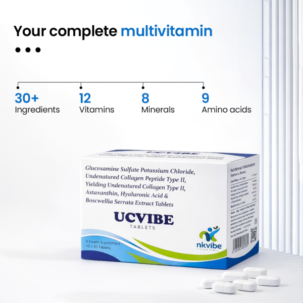 UCVIBE Tablets – Joint, Bone & Immunity Support | Glucosamine, Collagen Type II, Hyaluronic Acid, Astaxanthin & Boswellia | 100 Tablets