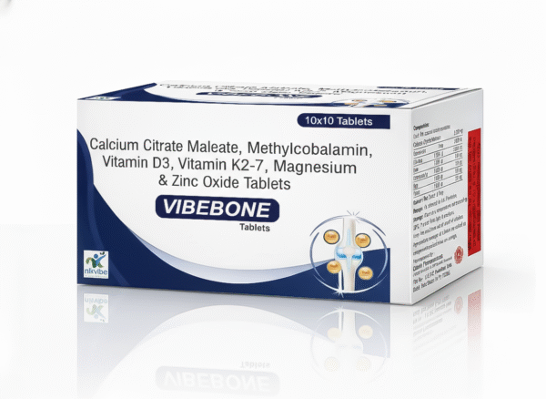 VIBEBONE Tablets – Advanced Bone & Joint Supplement with Calcium Citrate Maleate, Vitamin D3, K2-7, Methylcobalamin, Magnesium & Zinc | 100 Tablets | NKVibe Pharma
